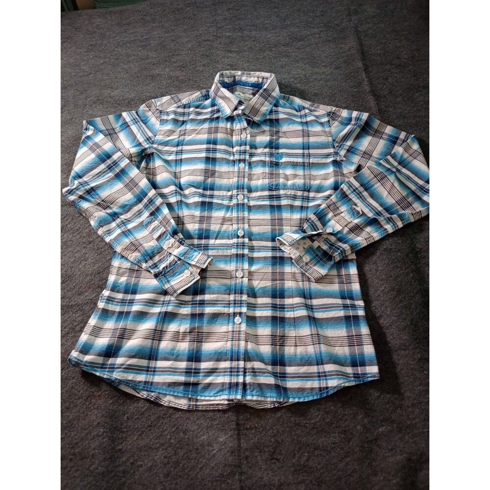 Panhandle Rough Stock Women’s Small Plaid Button Up Shirt Blue White 100% Cotton